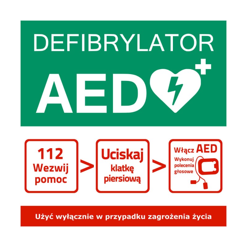 Tablica informacyjna AED - schemat postępowania 30 x 30 cm