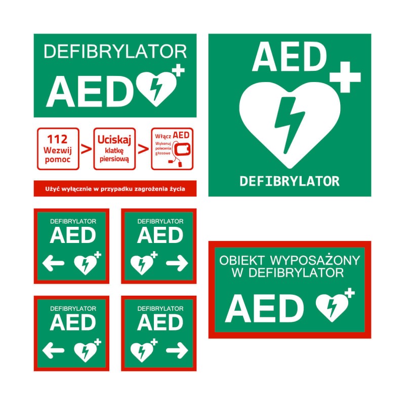 Zestaw tablic informacyjnych AED - 7 sztuk